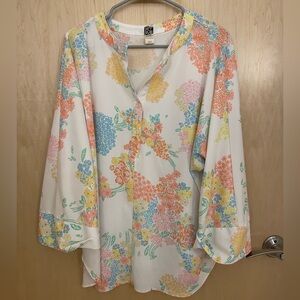 Vintage Floral Bell Sleeve Blouse XL Oversized Boho Cottagecore Top